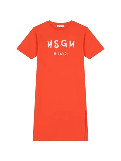 Msgm Kids' Logo-print Cotton Dress In Orange