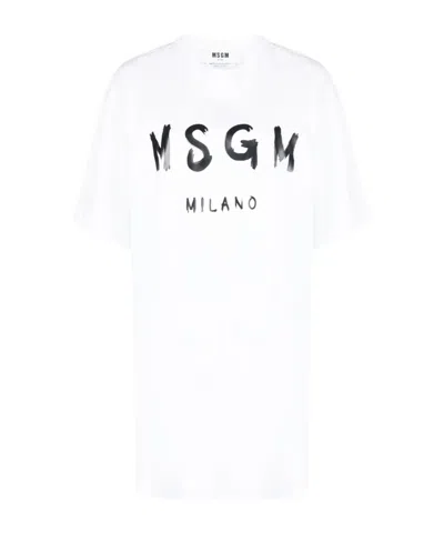 Msgm Logo-print Cotton Dress In White