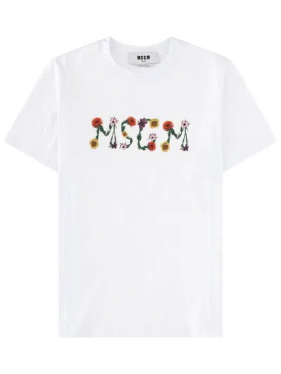 Msgm Neutrals Floral Logo Playful Embroidered Cotton T-shirt In White