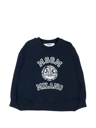 Msgm Babies' Logo-print Crew-neck Hoodie In Blue