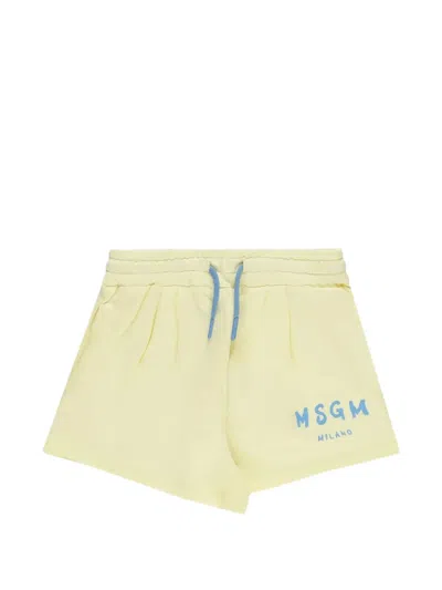 Msgm Kids' Logo-print Drawstring Shorts In Yellow