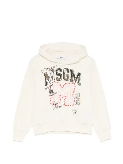 Msgm Kids' Logo-print Graffiti-detail Hoodie In Neutrals