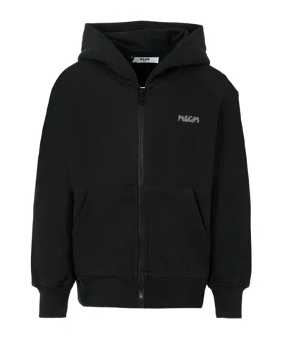 Msgm Logo-print Hooded Zip-up Top In Black