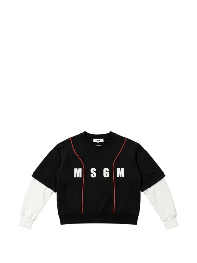 Msgm Kids' Logo-print Layered-sleeve Sweatshirt In Black