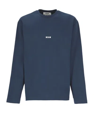 Msgm Logo-print Long-sleeve Cotton T-shirt In Blue