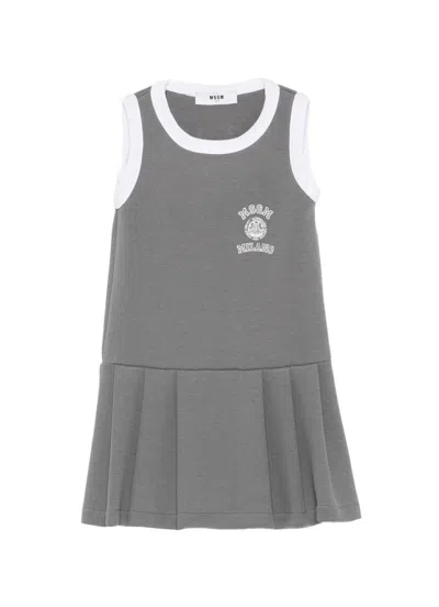 Msgm Kids' Logo-print Pleated Dress In Gray
