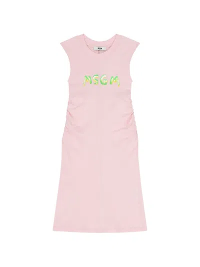 Msgm Kids' Logo-print Ruched Dress In Pink