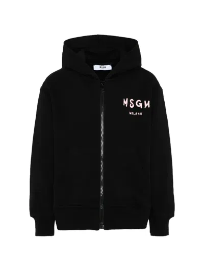Msgm Kids' Logo-print Zip-up Hoodie In Black