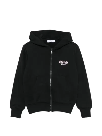 Msgm Kids' Logo-print Zip-up Hoodie In Schwarz