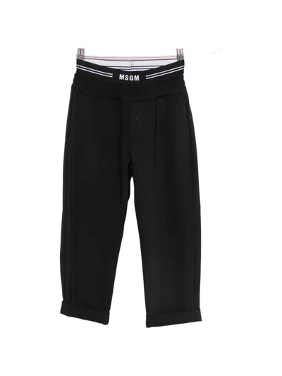 Msgm Kids' Logo-waistband Turn-up Trousers In Black