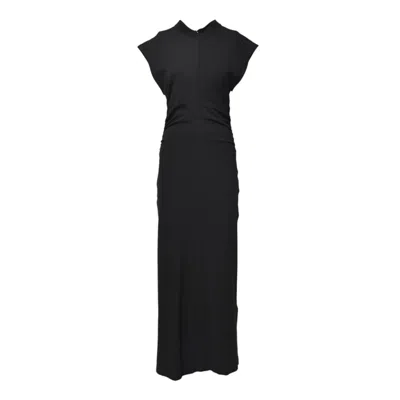 Msgm Long Black Cotton Dress With Pleated Details
