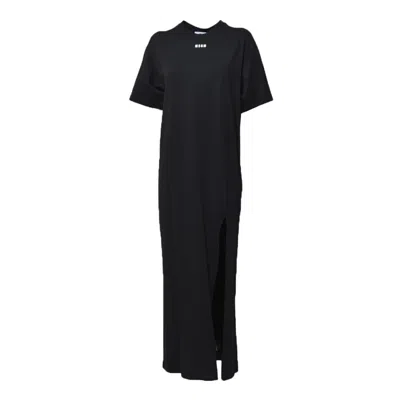 Msgm Crew Neck Long Dress With Side Slit In Black