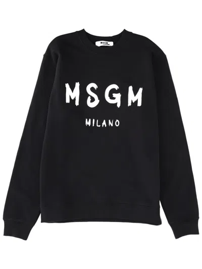 Msgm Long-sleeve Black Sweatshirt With Hand-painted Logo