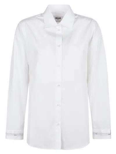 Msgm Long Sleeve Button-up Shirt With Logo Detail Cuffs In White