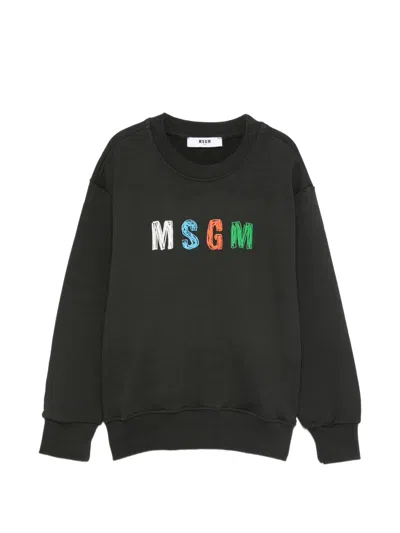 Msgm Kids' Long-sleeve Crew-neck Sweatshirt In Black