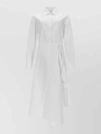 Msgm Long Sleeve Dress Asymmetric Hem Tie Waist In White