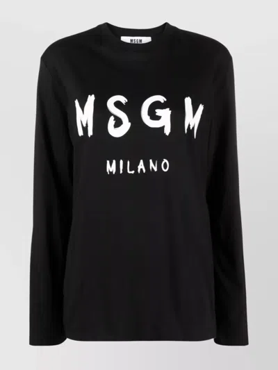 Msgm Long Sleeve Logo Print Crew Neck Top In Black