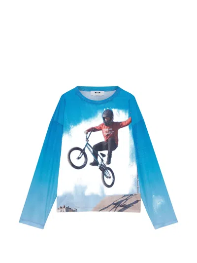 Msgm Long-sleeve Printed T-shirt In Blue