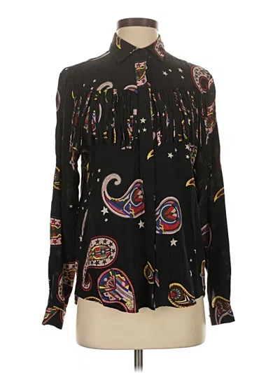 Pre-owned Msgm Long Sleeve Silk Top Black Paisley Pattern Mock Neckline Tops