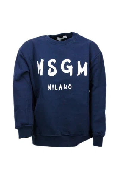 Msgm Kids' Long-sleeved Crewneck Sweatshirt With Logo Lettering In Blu