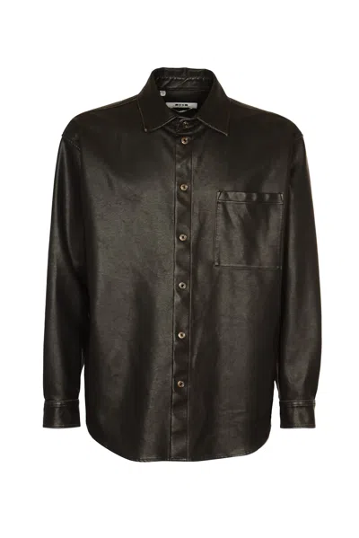 Msgm Long Sleeved Press-stud Shirt In Black