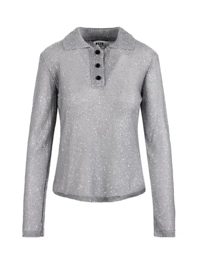 Msgm Long Sleeved Sequin Embellished Knit Polo Top In Grey