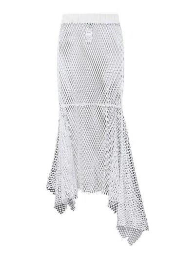 Msgm Long White Cotton Net Knit Asymmetric Skirt