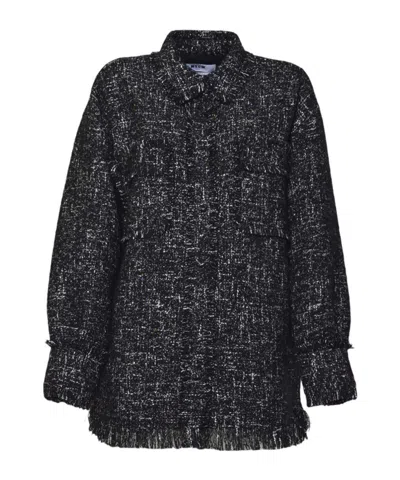 Msgm Textured Long-sleeve Shirt Jacket With Fringed Edges In Black