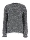 MSGM GREY CREWNECK SWEATER WITH ALL-OVER FRAYED DETAILS IN COTTON BLEND WOMAN