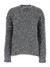 MSGM GREY CREWNECK SWEATER WITH ALL-OVER  FRAYED DETAILS IN COTTON BLEND WOMAN