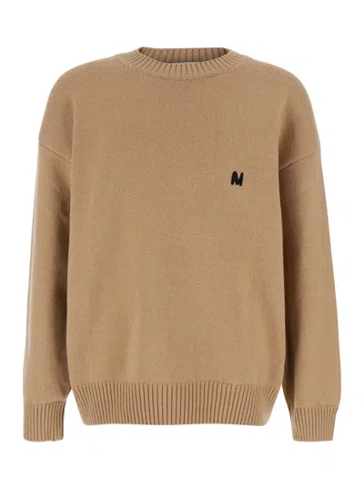 MSGM BEIGE CREW NECK SWEATER WITH FRONT LOGO IN WOOL MAN