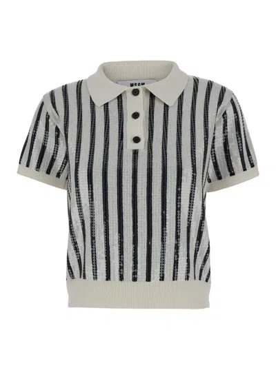 Msgm Knitwear Polo Collar Sequin Striped Short Sleeves In Multi