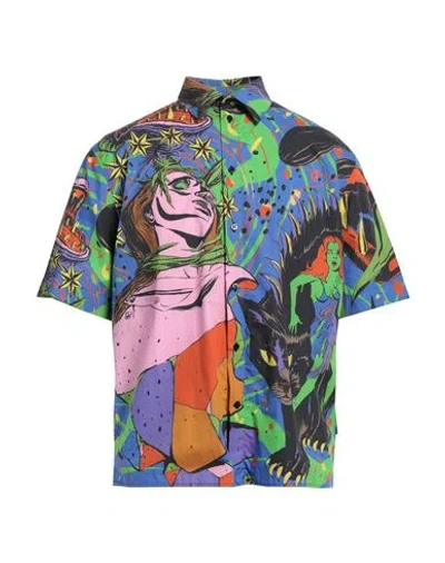 Msgm Man Shirt Blue Size 16 Cotton In Multi