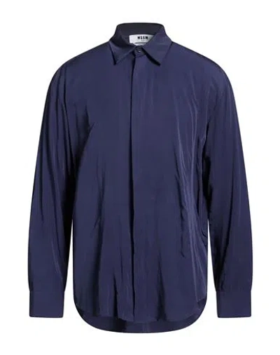 Msgm Man Shirt Navy Size 16 Viscose In Blue