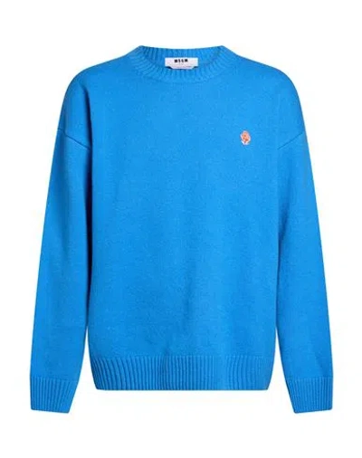 Msgm Man Sweater Azure Size M Merino Wool, Cashmere In Blue
