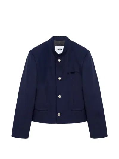 Msgm Mandarin-collar Logo-patch Jacket In Blue