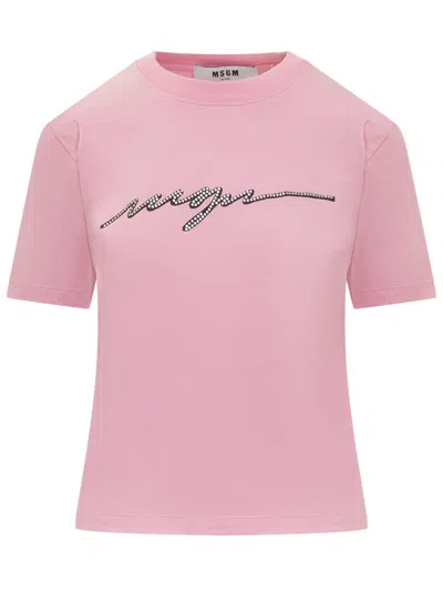 Msgm Logo-embellished T-shirt In Pink