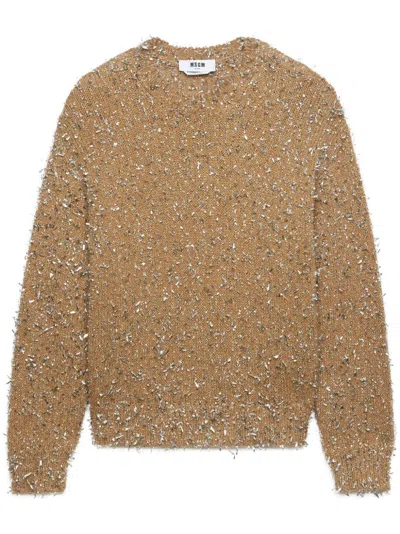 Msgm Metallic Detailing Crew Neck Jumper In Beige