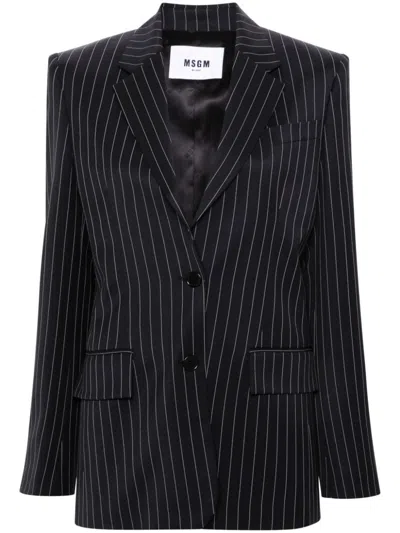 Msgm Pinstripe Wrap Blazer In Navy Blue