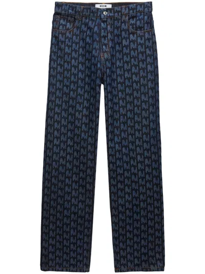 Msgm Monogram-print Cotton Jeans In Blue