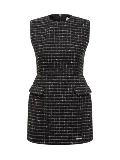 Msgm Black And White Tweed Short Dress In Blue
