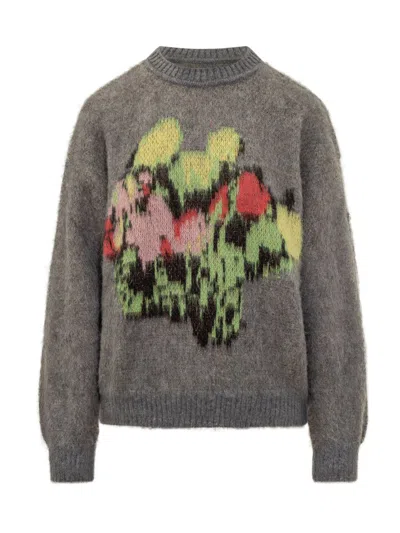 Msgm Mohair Sweater With Abstract Pattern In Gray