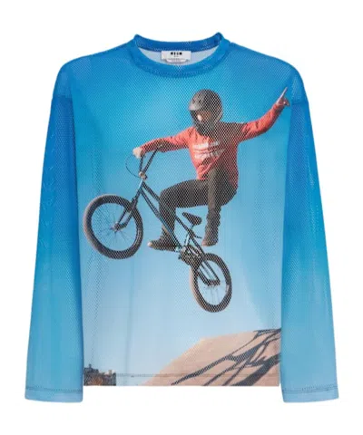 Msgm Multi-color Mesh Long Sleeve Tee In Blue