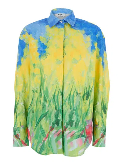 Msgm Multicolor Shirt With All-over Printed Floral Motif In Fabric Woman