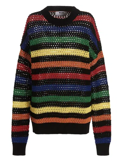 Msgm Striped Cotton Net Knit Sweater In Multicolour