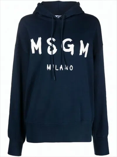 Msgm Navy Blue Hoodie With Bold Brushstroke Lettering In Black