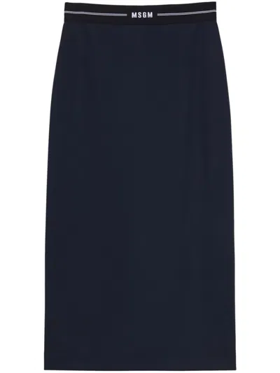 Msgm Navy Blue Logo-waistband Midi Skirt