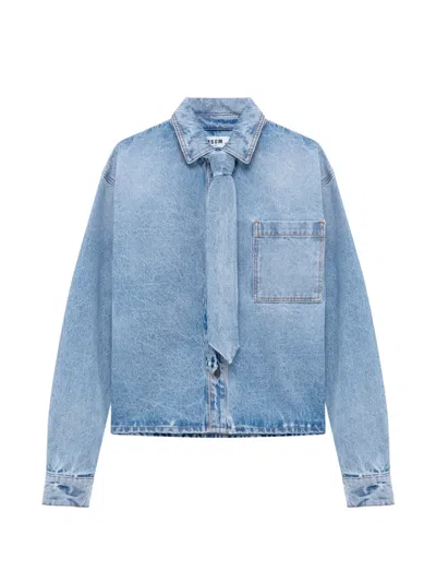 Msgm Neck-tie Denim Shirt In Multi