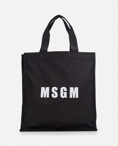 Msgm Nylon Tote Bag In Black
