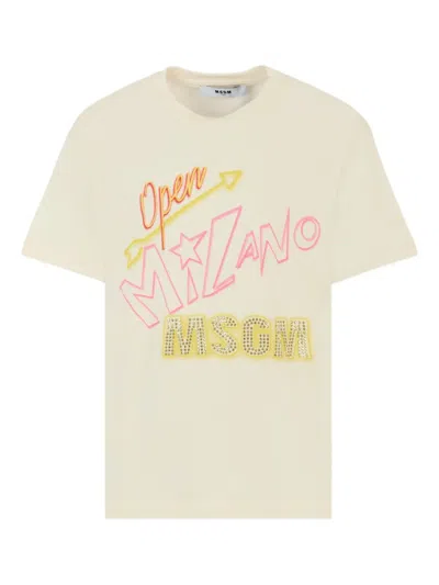 Msgm Kids' Open Milano Crystal-embellished T-shirt In Neutral